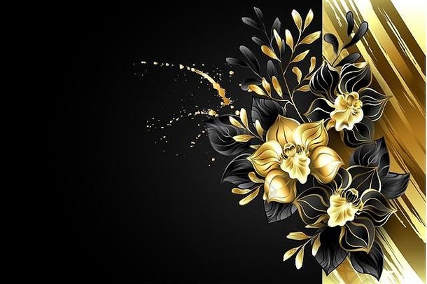 设计黄金变形箔黑色的珠宝兰花观赏植物黑色的叶子黑色的背景