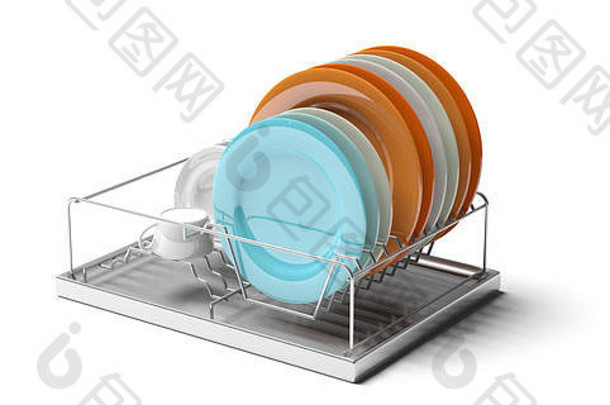 厨房水槽菜干燥金属架色彩斑斓的盘子孤立的白色背景插图