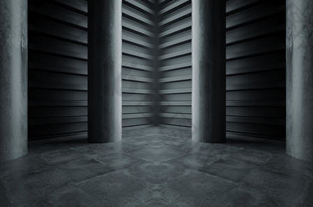 黑暗未来主义的现代车库列展厅隧道走廊混凝土金属难看的东西反光光滑的空空间白色发光展示阶段安德格鲁