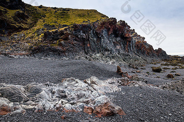 冰岛海滩黑色的熔岩岩石斯奈山半岛半岛冰岛