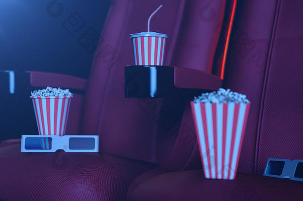 插图爆米花眼镜椅子蓝色的光概念电影大厅剧院红色的椅子电影大厅