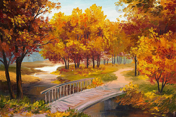 石油绘画秋天森林河桥河明亮的红色的叶子色彩斑斓的