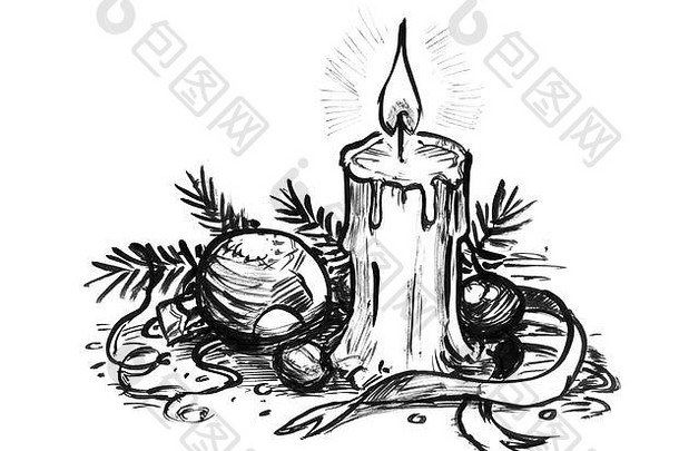 黑色的墨水手画燃烧蜡烛圣诞节装饰