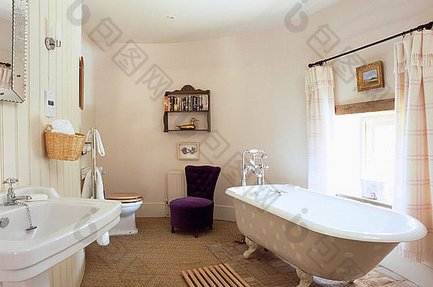 米色发现了爪形浴白色转换干燥窑房子浴室紫色的天鹅绒椅子木底部