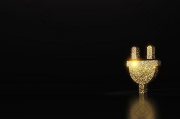 黄金闪闪发光的象征电插头呈现黑暗黑色的背景模糊反射闪光