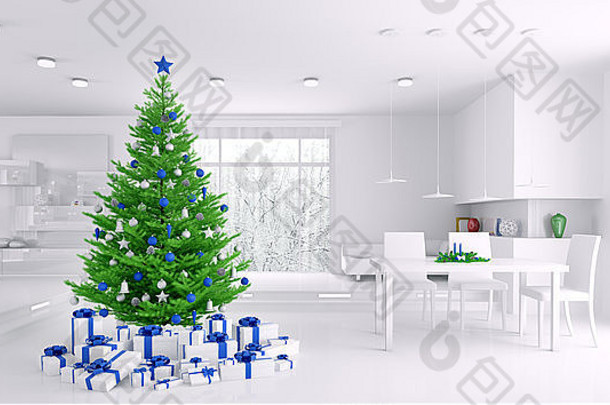 室内白色公寓圣诞节树礼物呈现