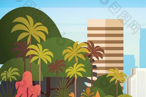 棕榈树公园城市建筑摩天大楼背景夏天城市景观日落视图
