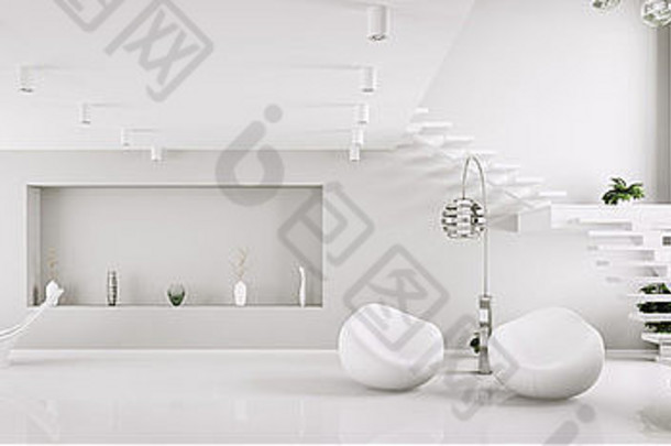 白色室内现代公寓生活房间全景渲染