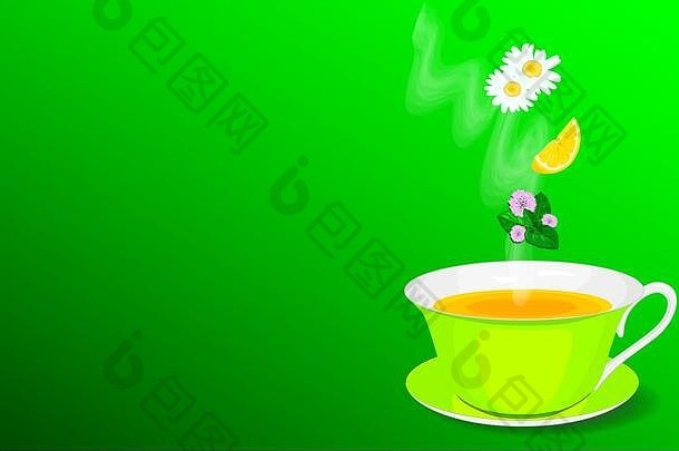 杯茶洋甘菊柠檬薄荷茶聚会，派对绿色孤立的