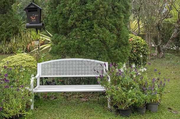 美丽的白色古董铁板凳上花园