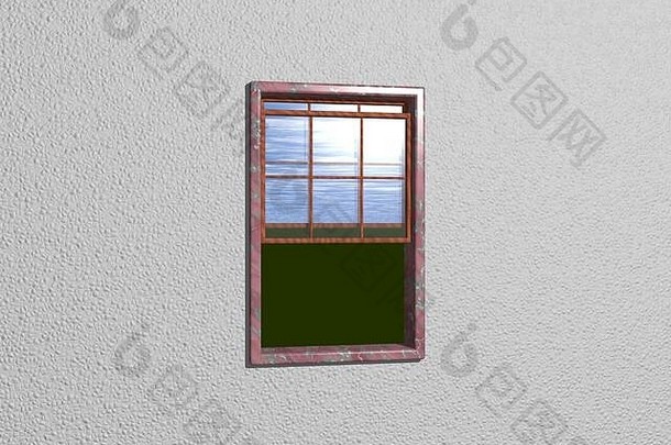 插图腰带窗口打开绿色草坪上多云的蓝色的天空白色烟墙石头木材料背景孤立的