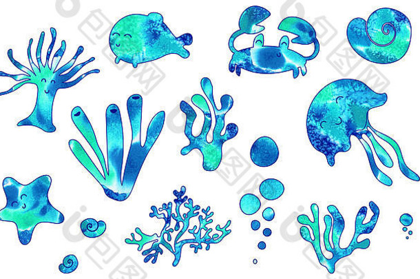 水彩海可爱的微笑元素海星贝壳蟹多石的珊瑚海绵鱼水母海葵孤立的