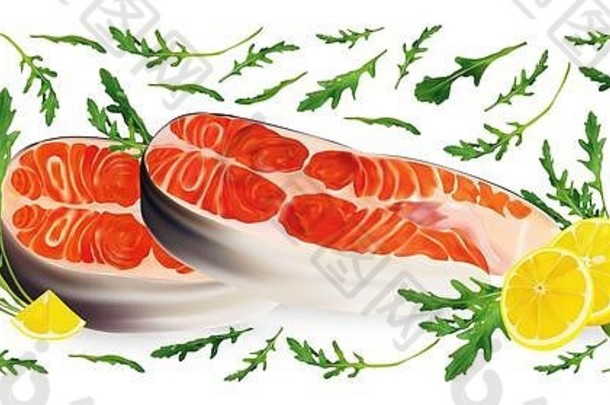 大马哈鱼鱼生牛排绿色rucola柠檬红色的鱼美味角牛排新鲜的大马哈鱼沙拉海鲜插图孤立的白色背景