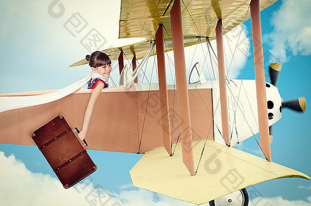 女孩手提箱飞行古董飞机照片图像风格