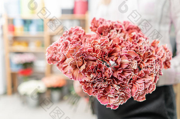 花束康乃馨花珊瑚红色的颜色春天群女人手现在母亲一天