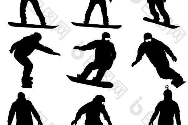 集黑色的轮廓单板滑雪白色背景