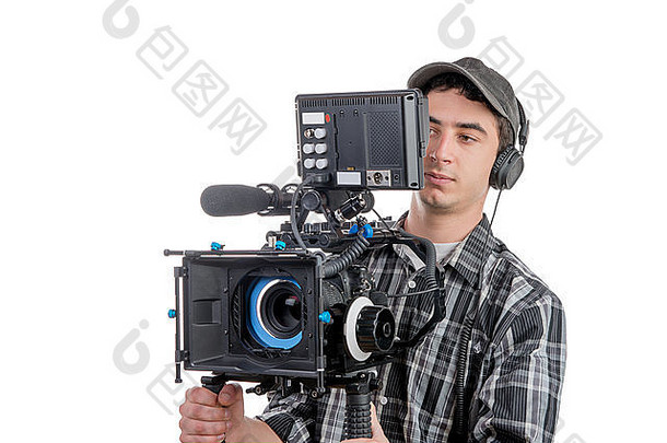 年轻的摄影师电影相机白色背景