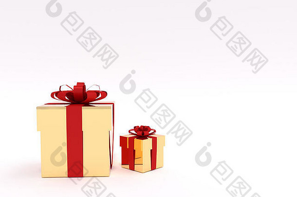 呈现金礼物盒子红色的丝带现在假期孤立的
