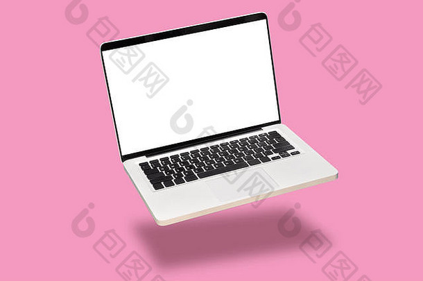 移动PC电脑模拟空空白白色屏幕孤立的粉红色的背景浮动悬浮移动PC笔记本影子现代电脑科技