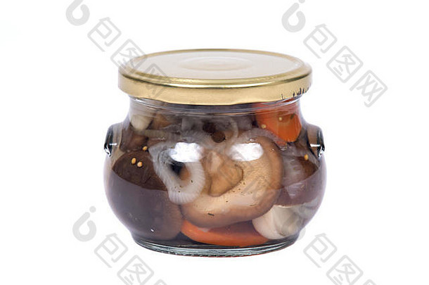 香菇腌制蘑菇Jar孤立的白色背景