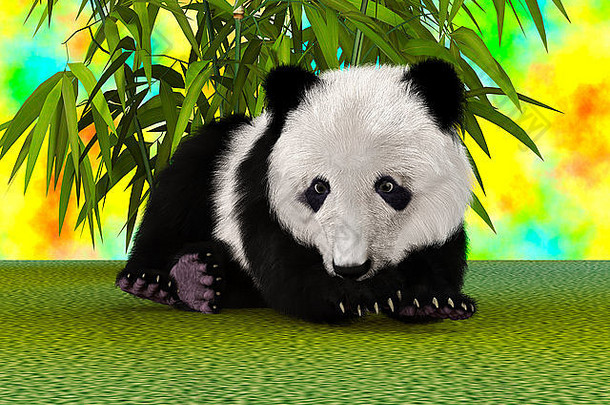 数字渲染可爱的熊猫熊幼崽离子绿色竹子色彩鲜艳的天空背景