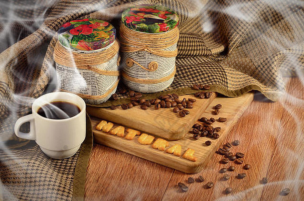 生活咖啡杯装饰罐咖啡豆子谎言木表面庇护网纹毯子结合