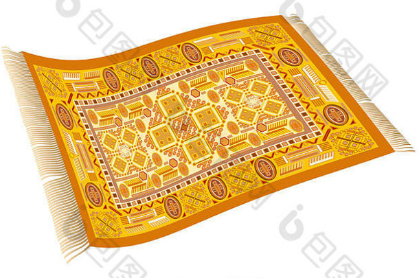 魔法地毯飞行地毯橙色黄色的红色的模式插图白色背景
