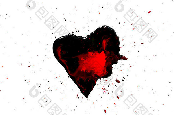 黑色的心红色的滴黑色的油漆滴喷雾飞溅孤立的白色背景
