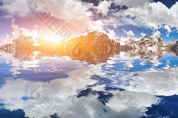 美丽的山视图反射水日出蓝色的天空白色云