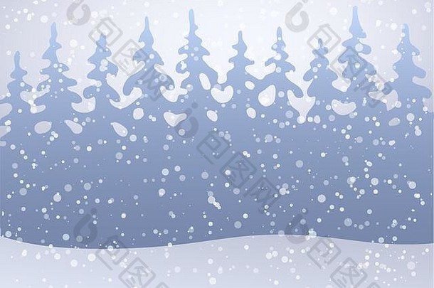 冬天森林雪平背景向量插图