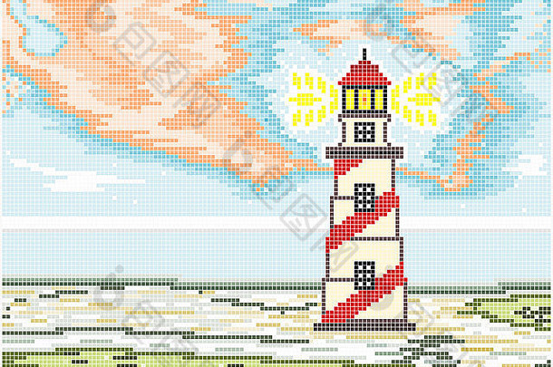 插图古董灯塔面对海云基斯橙色《暮光之城》广场像素颜色