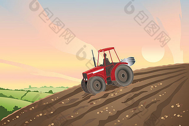 插<strong>图</strong>红色的拖拉机耕种山坡上场日落