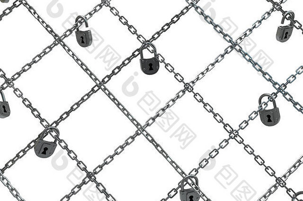 链穿越锁着的网黑暗金属插图孤立的水平白色