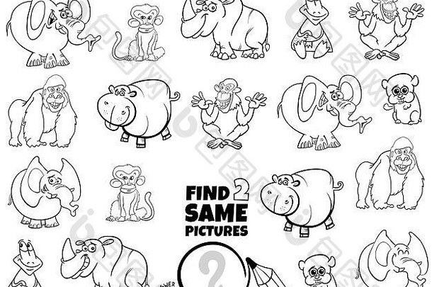 黑色的白色卡通插图发现图片教育游戏孩子们有趣的野生动物字符着色书页面
