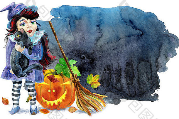 万圣节女巫黑色的猫南瓜扫帚黑色的背景水彩插图