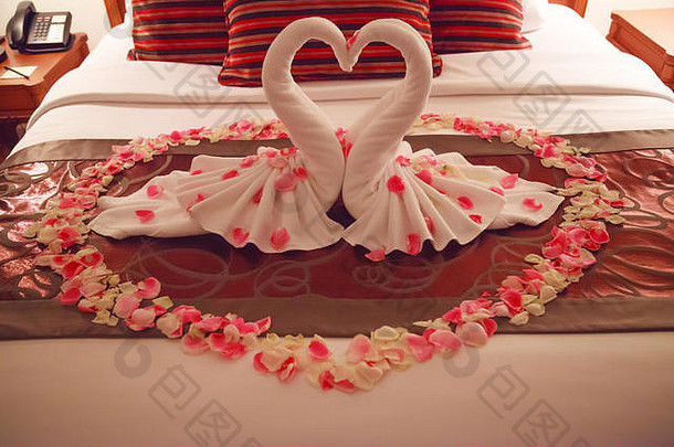 浪漫的卧室室内接吻天鹅折纸毛巾撒新鲜的粉红色的白色玫瑰花花瓣装饰床上新婚夫妇婚礼