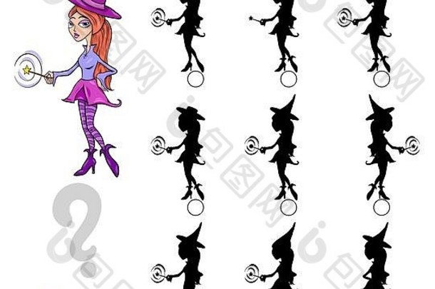 卡通插图找到影子差异教育游戏孩子们女巫幻想字符