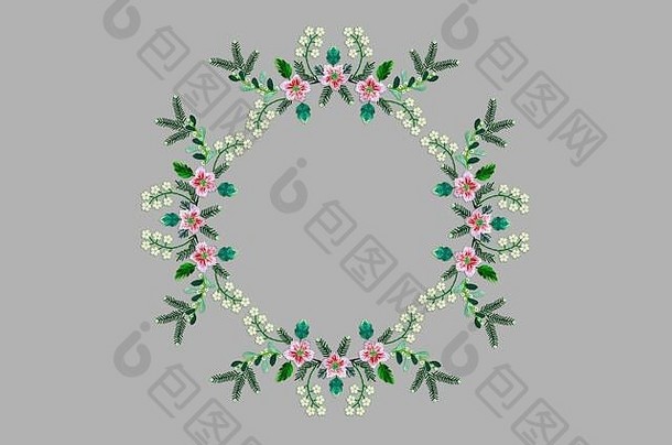 刺绣形式框架边界模式白色花松柏科的树枝浆果叶子粉红色的康乃馨灰色的背景