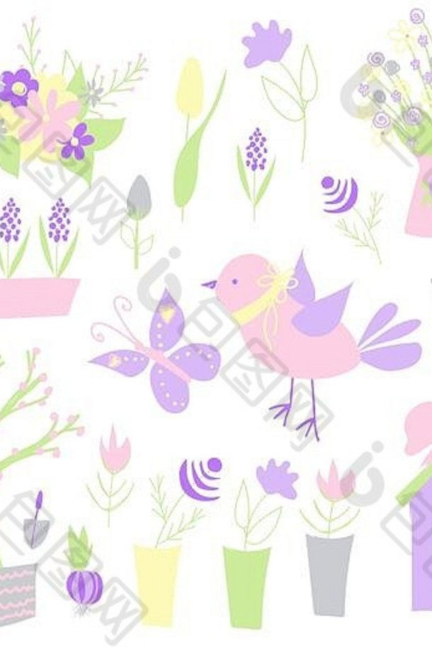 复活节春天贴纸快乐复活节元素创建明信片鸟花禽舍柔和的颜色