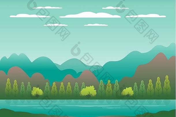 山景观平风格设计谷湖背景美丽的绿色字段草地山蓝色的天空农村位置山