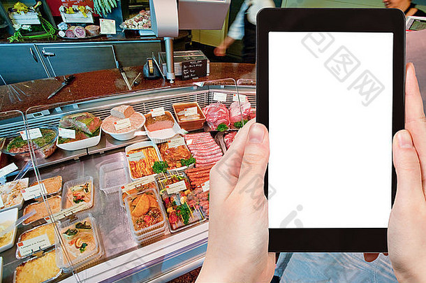 旅行概念旅游照片肉美味佳肴小屠夫商店法国平板电脑减少屏幕