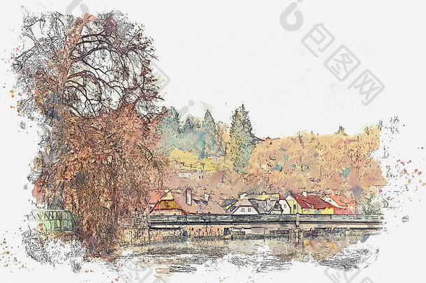 水彩草图插图街房子树秋天英语克鲁姆洛夫捷克共和国传统的欧洲体系结构