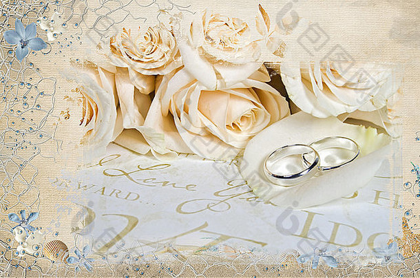 银婚礼环白色玫瑰花瓣海贝航海网边境优雅的面具框架