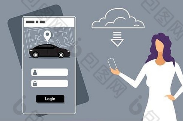女人下载在线移动应用程序租金车分享概念运输汽车共享服务女孩持有智能手机应用程序系统更新