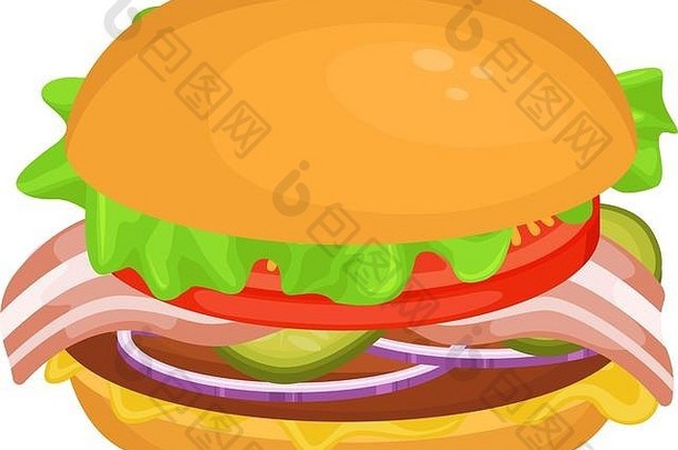 美味的汉堡肉片培根向量插图快食物垃圾食物