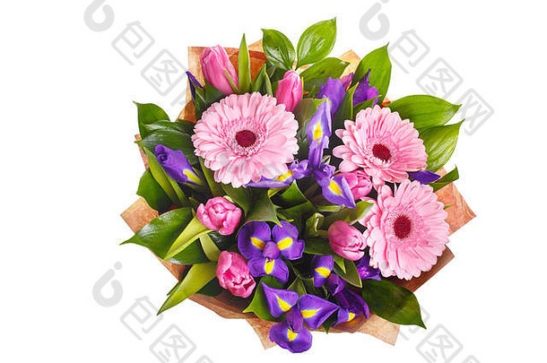 花束粉红色的Gerberas紫罗兰色的虹膜粉红色的深红色的郁金香包纸假期礼物女人大聪明的视图