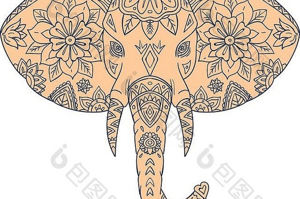 曼荼罗风格插图大象头查看前面集孤立的白色背景