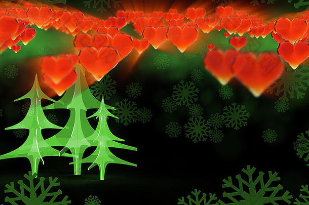 集团玻璃圣诞节冷杉<strong>树</strong>孤立的黑色的背景showflakes红色的心快乐一年明信片设计打印插图概念