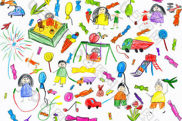卡通人有趣的玩具集合孩子们画对象纸手画艺术图片