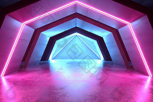 霓虹灯灯发光的紫色的蓝色的sci虚拟未来主义的俱乐部阶段外星人宇宙飞船混凝土水泥难看的东西隧道走廊大厅车库房间安德格鲁